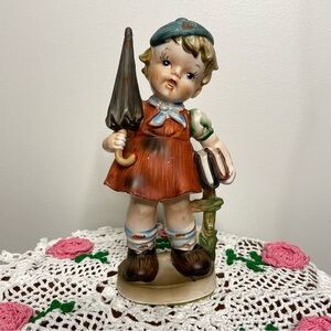 Vintage Brinn Ceramic Child Figurine with Umbrella & Books